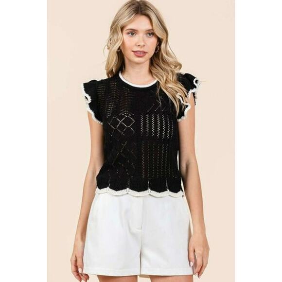Mittoshop Multi Pattern Contrast Trim Ruffled Cap Sleeves Knit Sweater | Black - Picture 3 of 7